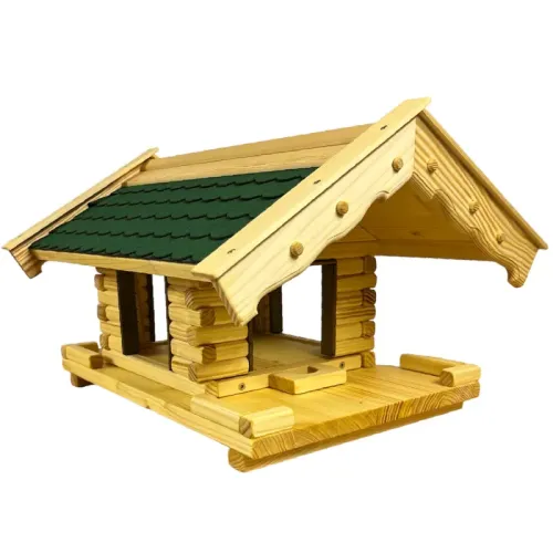 Preview: vogelhaus-hansi-mit-gruenen-bitumenschindeln -ausziehboden-dunkelbraun-gebeizten-tuerzargen-und-boden-mit-zaun